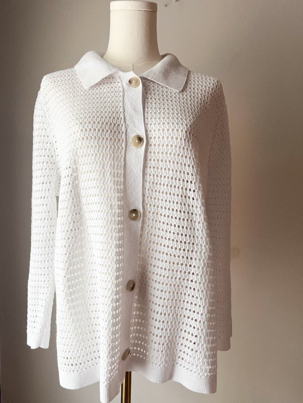 J.Jill White Open Knit Collared Cardigan L Preppy Coastal Grandma Minimalist